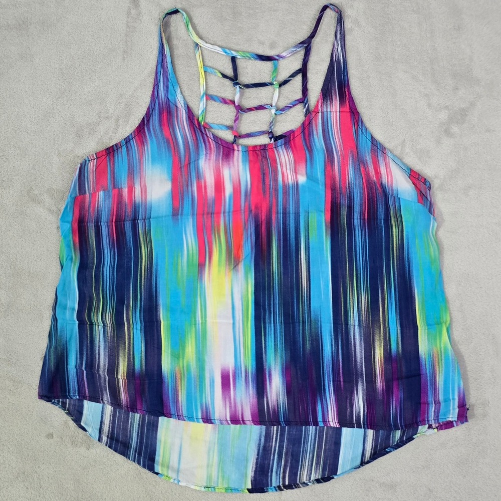 Hang Ten Strappy Lattice Back Sz Large Tank Top Multicolor Abstract Print EUC‎